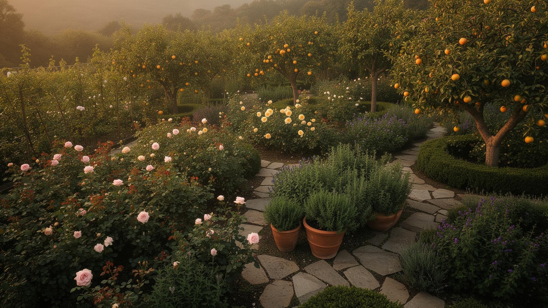 An overhead view of the Pebble Garden — roses, potted herbs, fruit trees, and stone paths at golden hour
