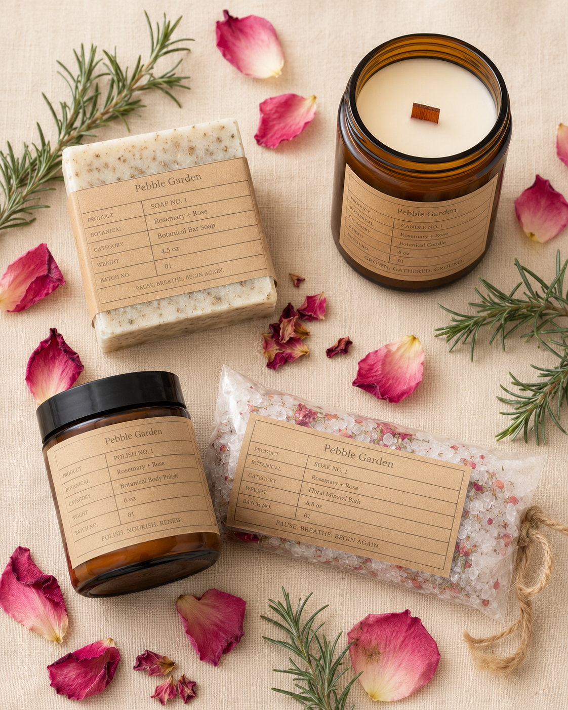 Pebble Garden First Harvest collection — soap, candle, sugar polish, and mineral soak with rosemary and rose petals